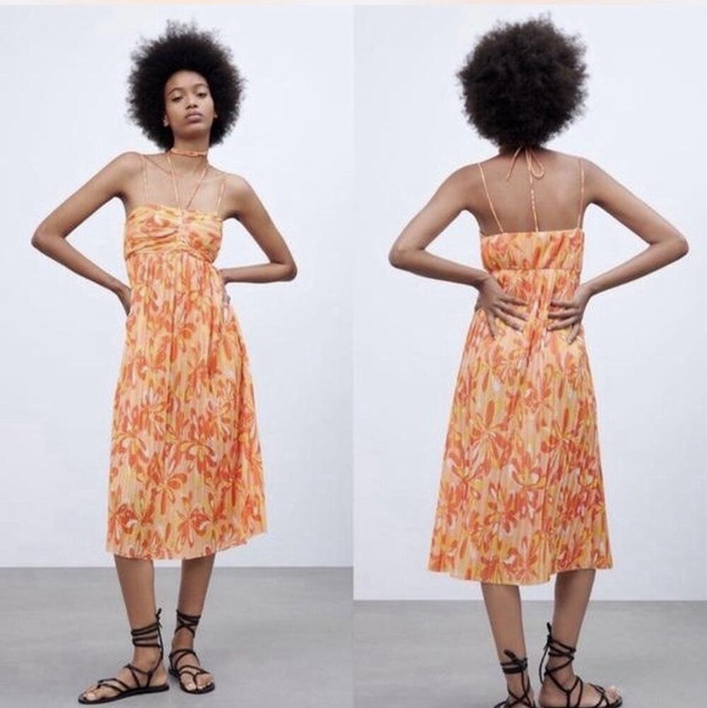 ZARA Orange Floral Pleated Midi Dress Spaghetti Strap Tie Bust Size S